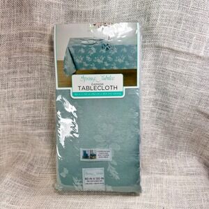 Spring Jubilee Damask Tablecloth Mist Teal  Blue Floral Oblong 60x84 New